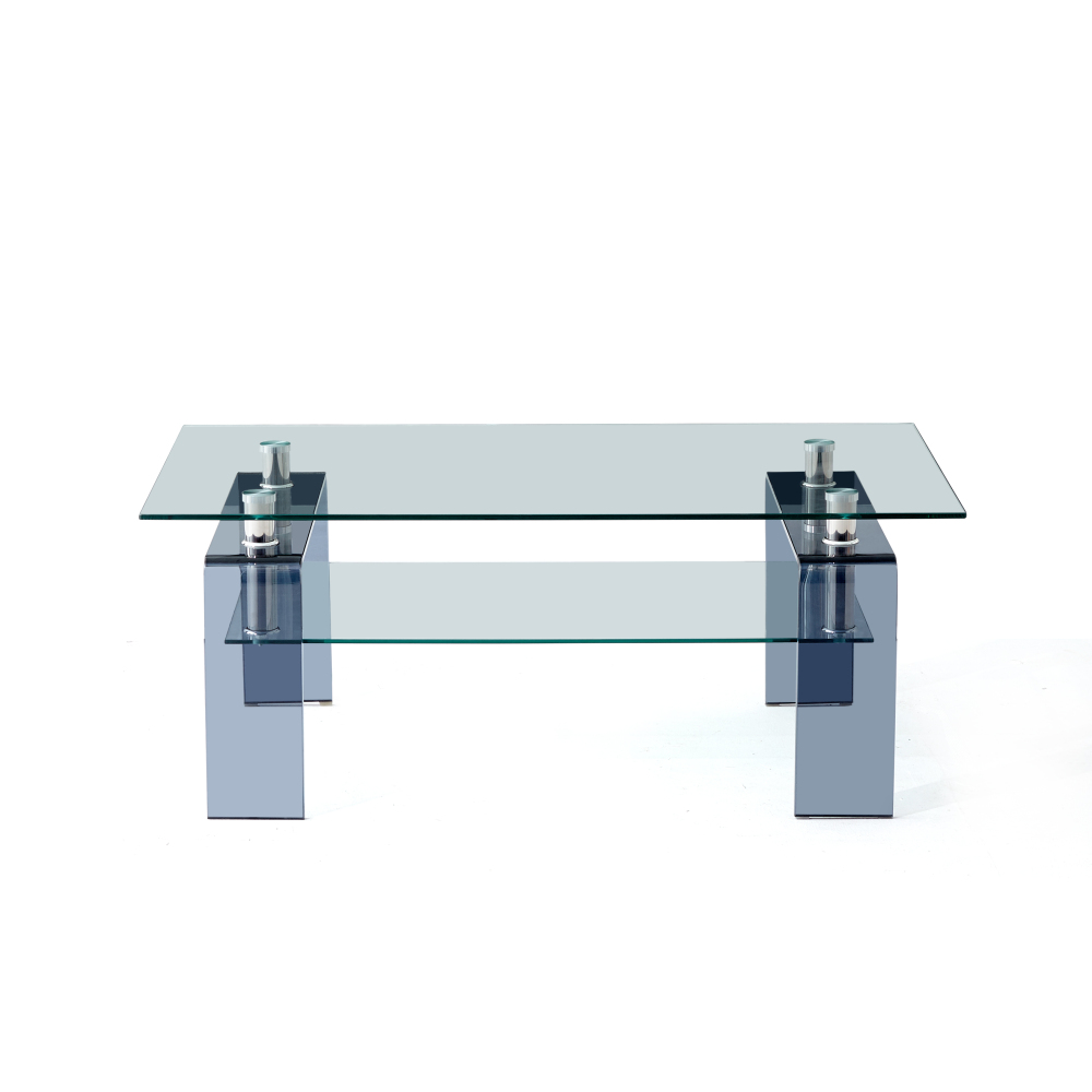 Modern Tempered Glass Coffee Table with Smoke Legs - Contemporary 2-Tier Rectangular Center Table for Living Room