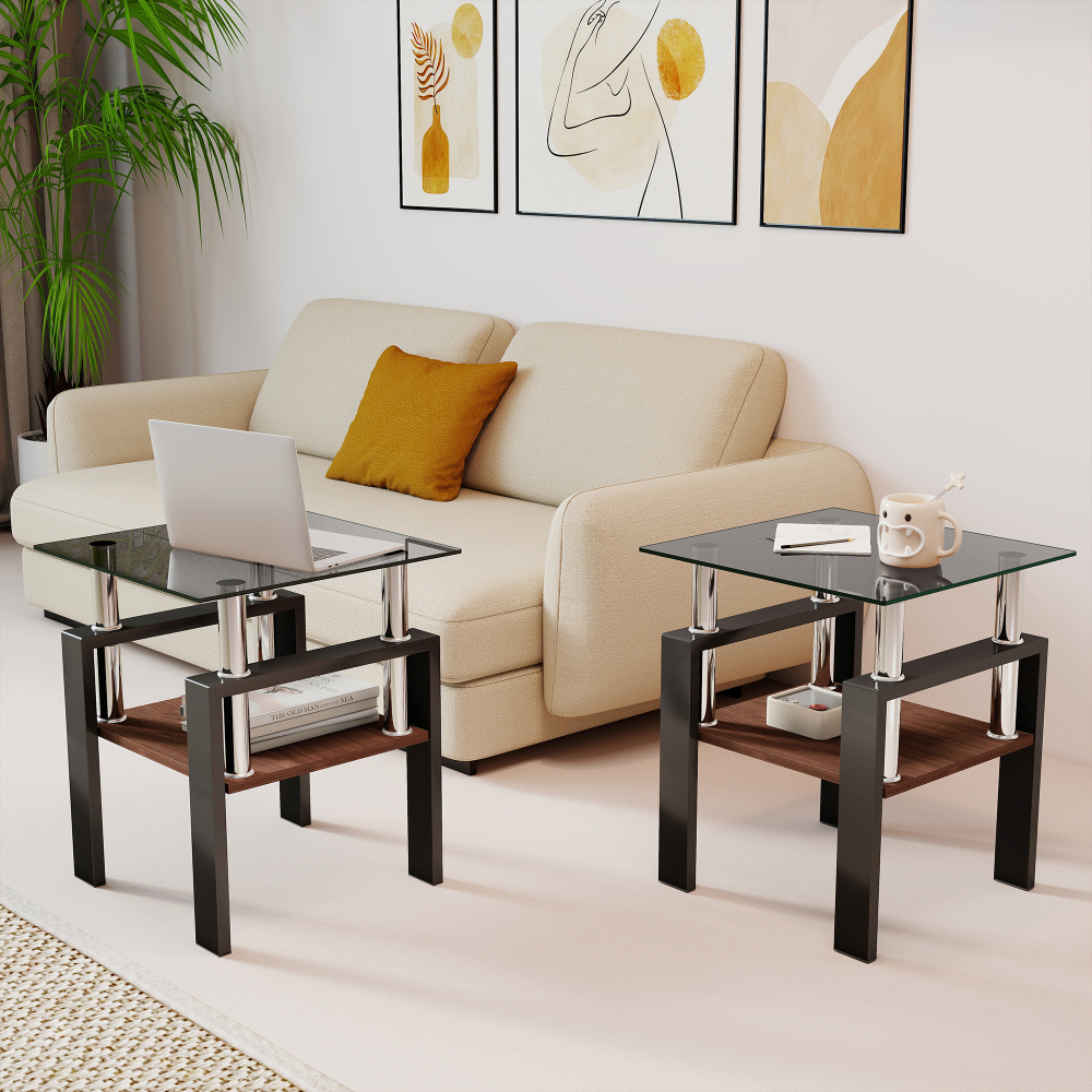 Set of 2 Modern Tempered Glass End Tables with MDF Shelf, Square Coffee Side Tables for Living Room