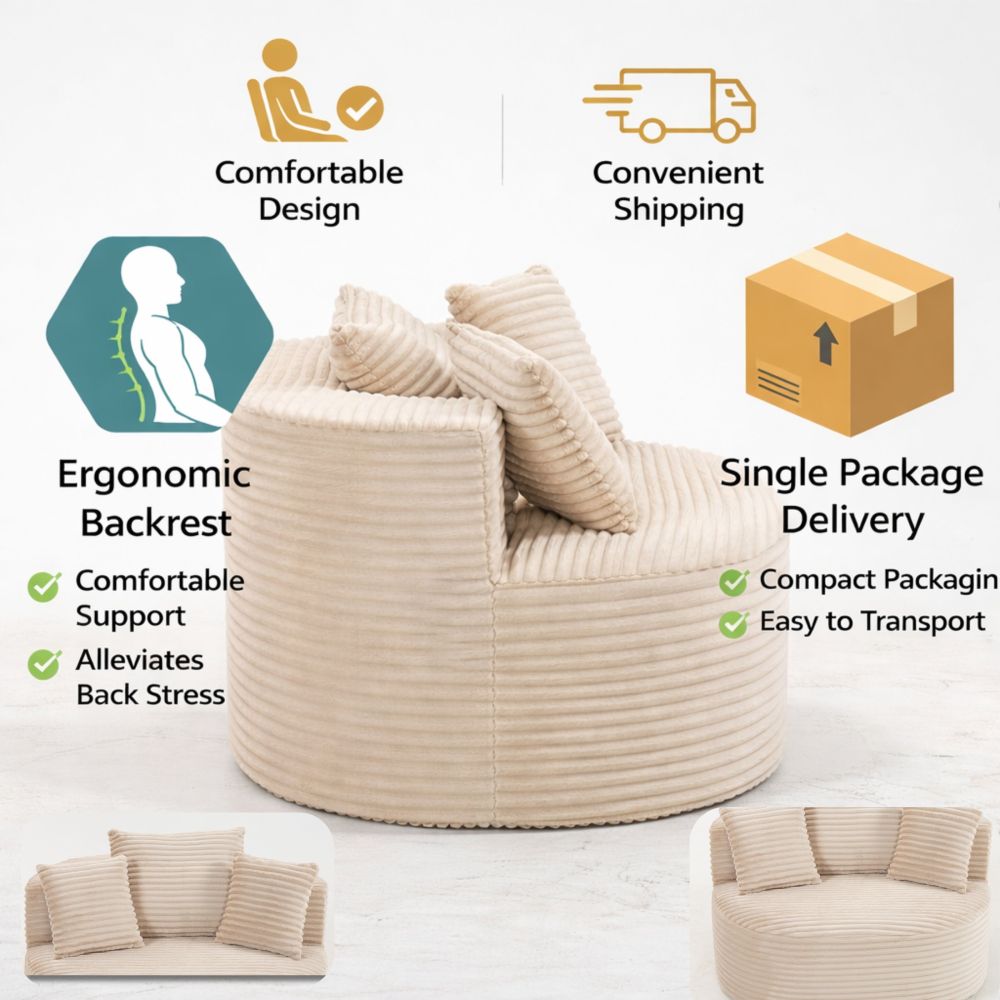 Modern Ribbed Corduroy Lounge Chair - Beige Compressed Round Sofa with Lumbar Pillows for Living Room & Bedroom