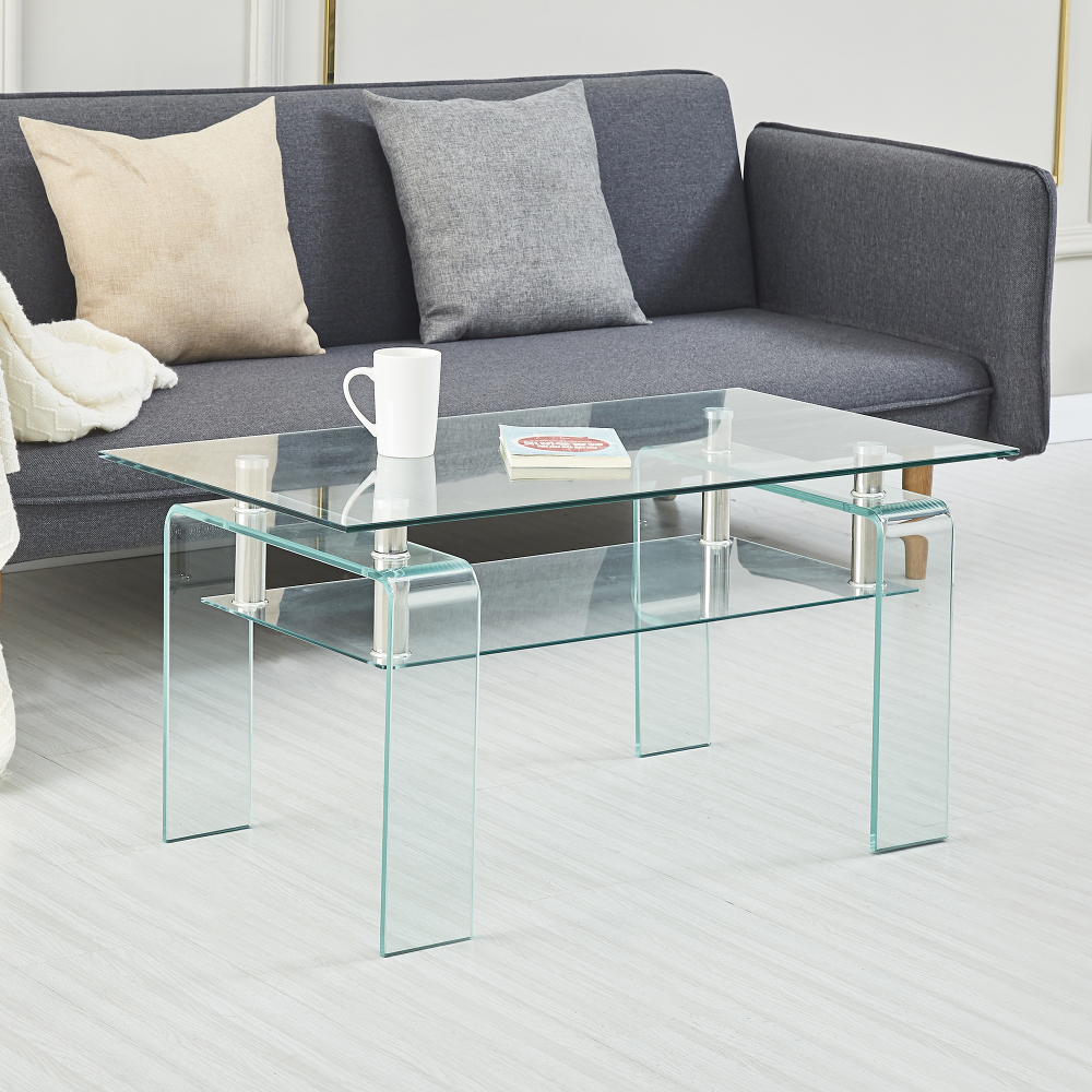 Modern Rectangle Clear Glass Coffee Table with 2-Tier Storage & Tempered Glass Top