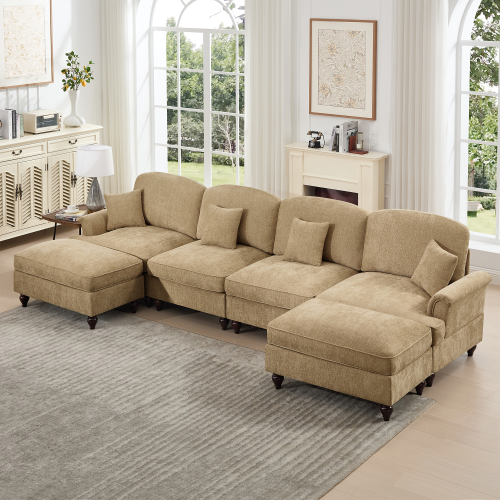 Classic U-Shaped Modular Sectional Sofa with Removable Ruffle Skirt, Deep Seat Chenille Couch with Flared Arms and Spindle Legs, Light Coffee
