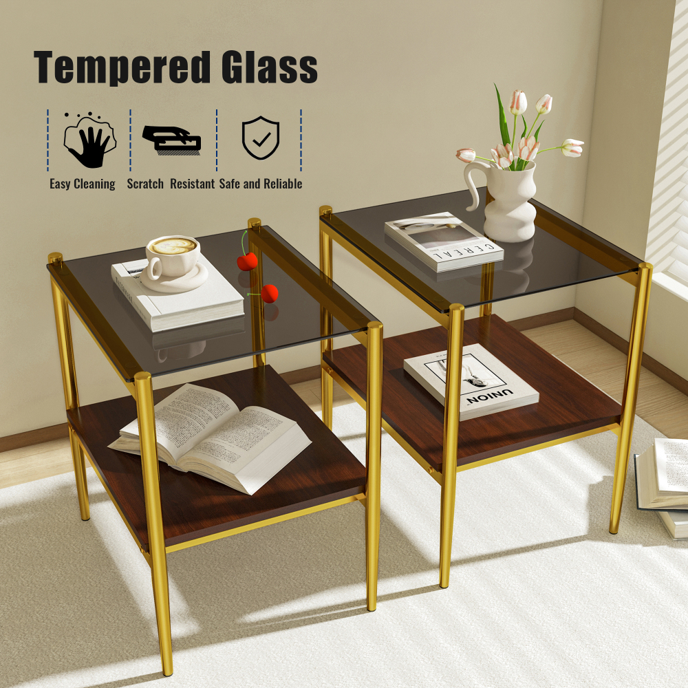 Set of 2 Modern Gold End Tables with Tempered Glass Top and Storage Shelf, Rectangle Side Tables for Living Room