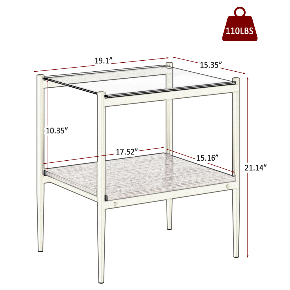 Set of 2 Modern Gold End Tables with Tempered Glass Top and Storage Shelf, Rectangle Side Tables for Living Room