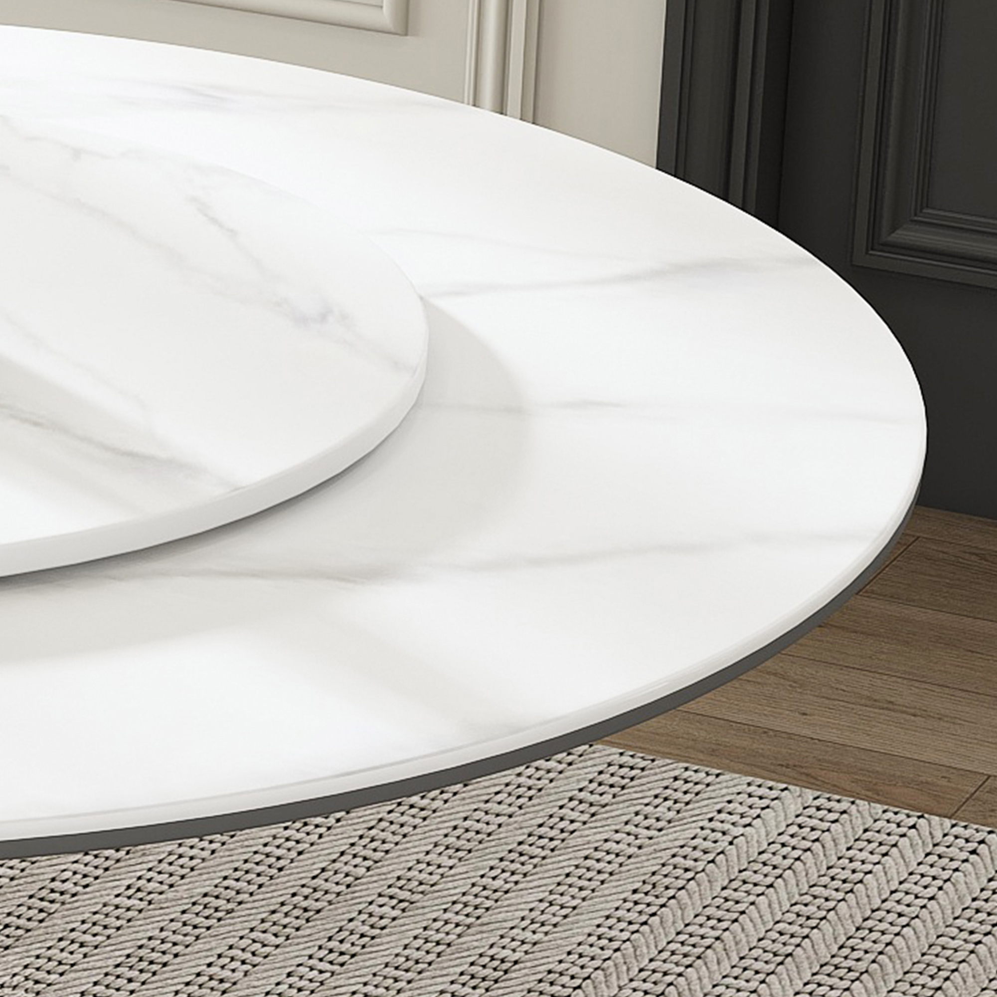 53" Round Sintered Stone Dining Table Set with Rotating Lazy Susan & 8 Modern Chairs - Luxury White Marble Kitchen Furniture