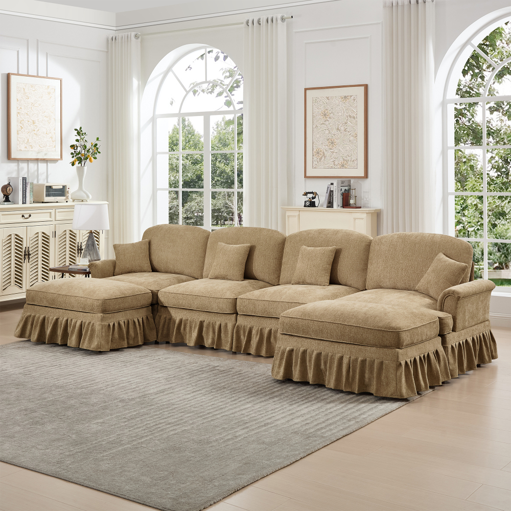 Classic U-Shaped Modular Sectional Sofa with Removable Ruffle Skirt, Deep Seat Chenille Couch with Flared Arms and Spindle Legs, Light Coffee