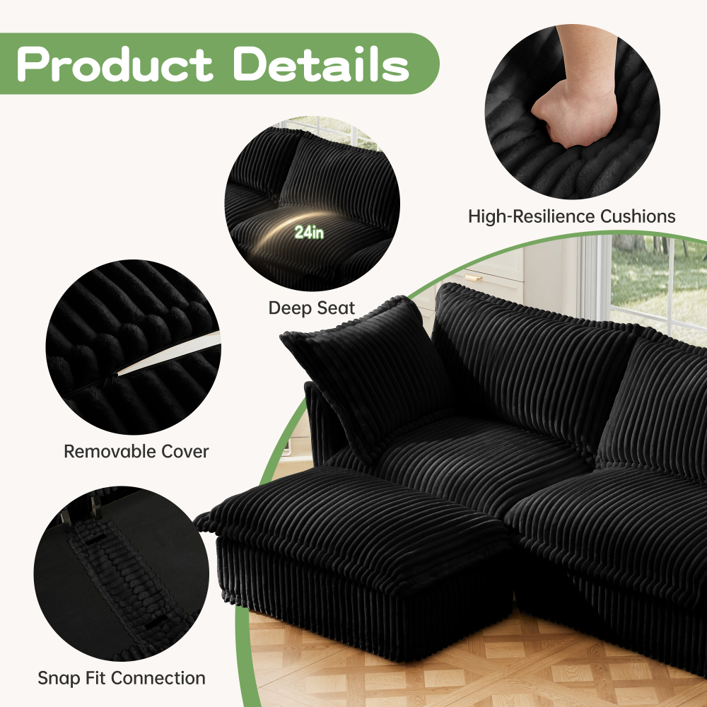 Oversized Modular Corduroy Sofa Set with 3 Ottomans - Black Convertible Sleeper Couch & Sectional