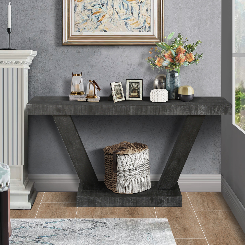 60" Rustic Farmhouse Console Table with Open Storage Shelf - Antique Black Distressed Wood Sofa Table for Entryway & Living Room
