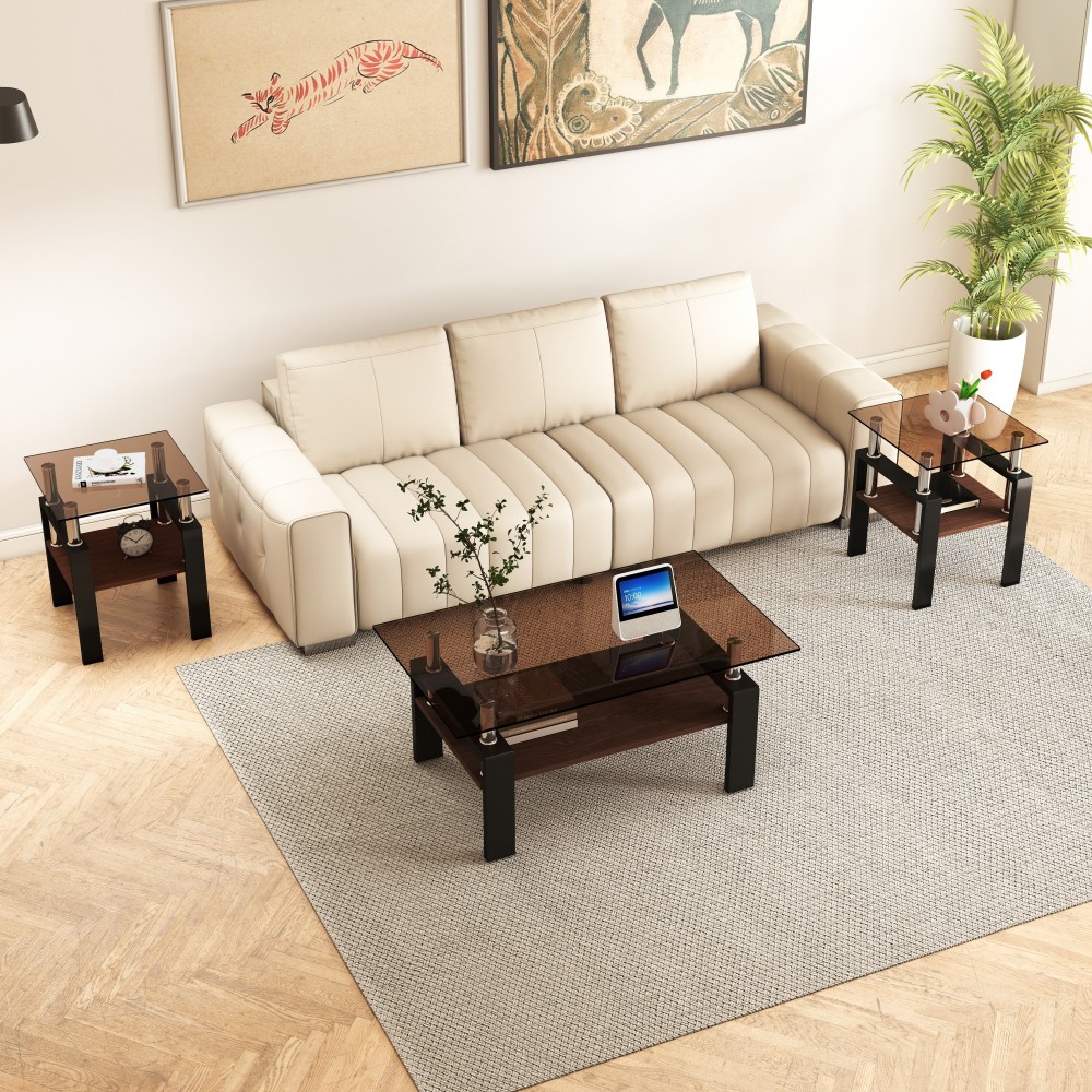 Set of 2 Modern Tempered Glass End Tables - Square Side Tables with MDF Shelf & Metal Legs for Living Room