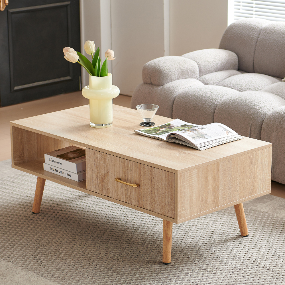 Modern Natural Wood Coffee Table with Sliding Storage Drawer & Solid Wood Legs for Living Room