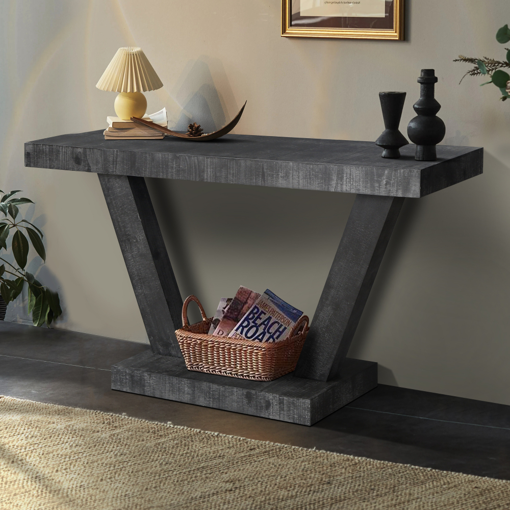 60" Rustic Farmhouse Console Table with Open Storage Shelf - Antique Black Distressed Wood Sofa Table for Entryway & Living Room