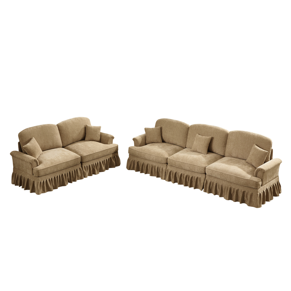 Classic 2-Piece Sofa Set with Removable Ruffle Skirts, Flared Arms & Spindle Legs - 3-Seater Couch and Loveseat for Living Room, Light Coffee Chenille