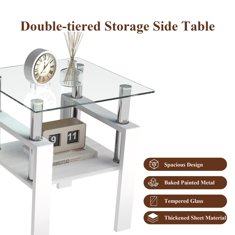 Set of 2 Modern Tempered Glass End Tables - White Square Coffee Table with MDF Shelf for Living Room