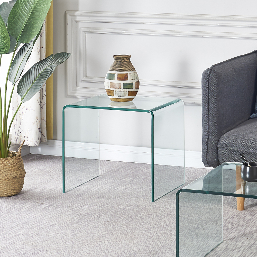 Tempered Clear Bent Glass Side Table - Modern Transparent End Table for Living Room, Sofa, or Office