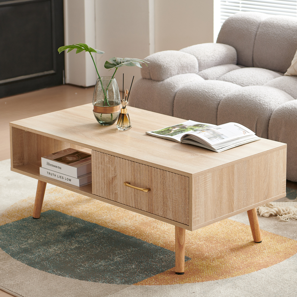 Modern Natural Wood Coffee Table with Sliding Storage Drawer & Solid Wood Legs for Living Room
