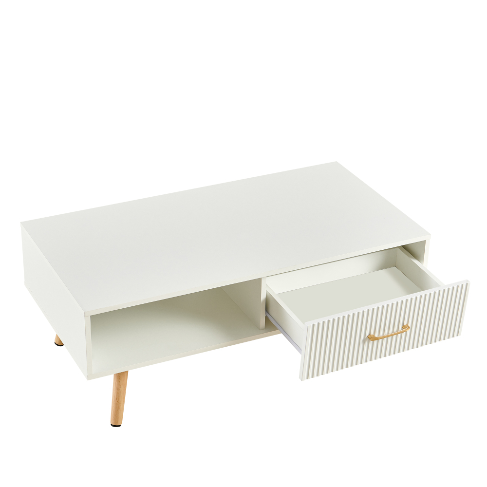 Modern White Rectangle Coffee Table with Solid Wood Legs, Sliding Drawer Storage & Open Shelf for Living Room