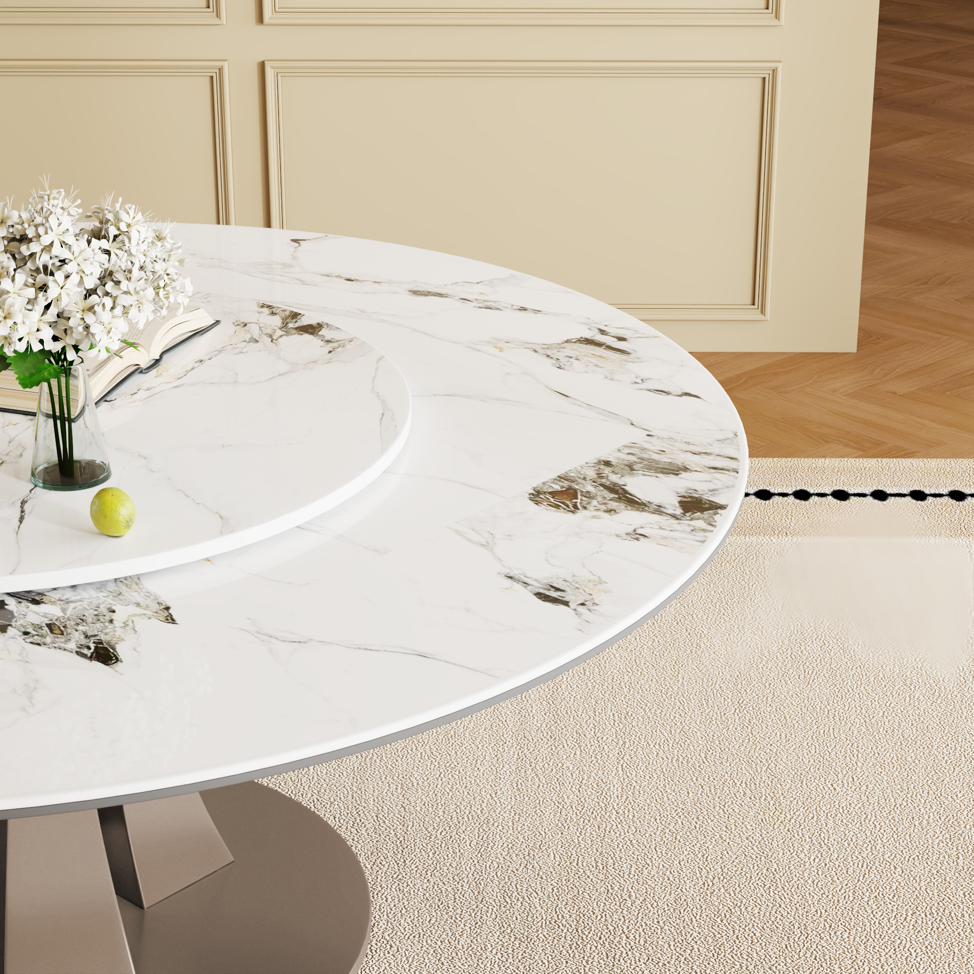 59" Round Dining Table Set with Rotating Lazy Susan - Modern Sintered Stone Top & Industrial Base for 8-10 People