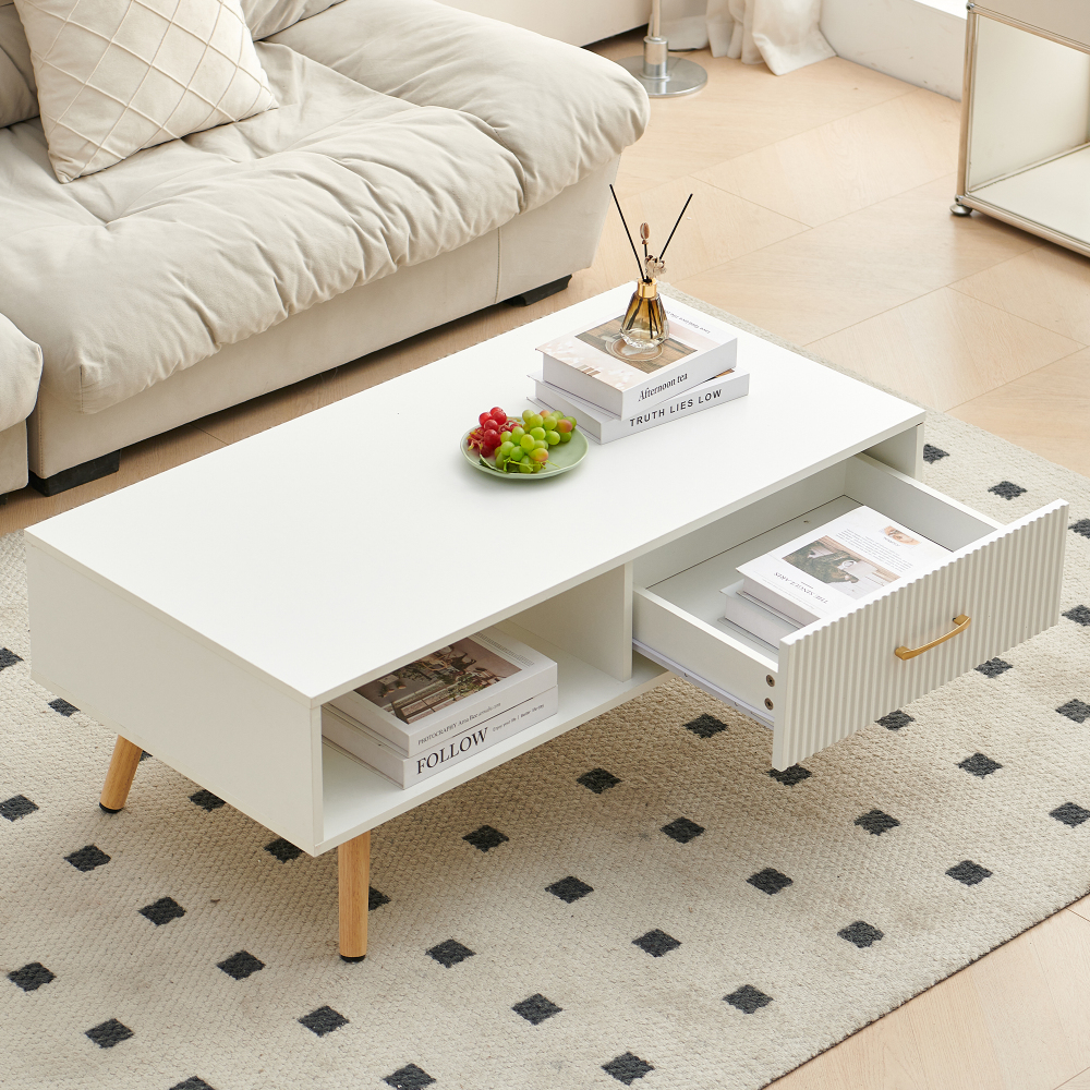 Modern White Rectangle Coffee Table with Solid Wood Legs, Sliding Drawer Storage & Open Shelf for Living Room
