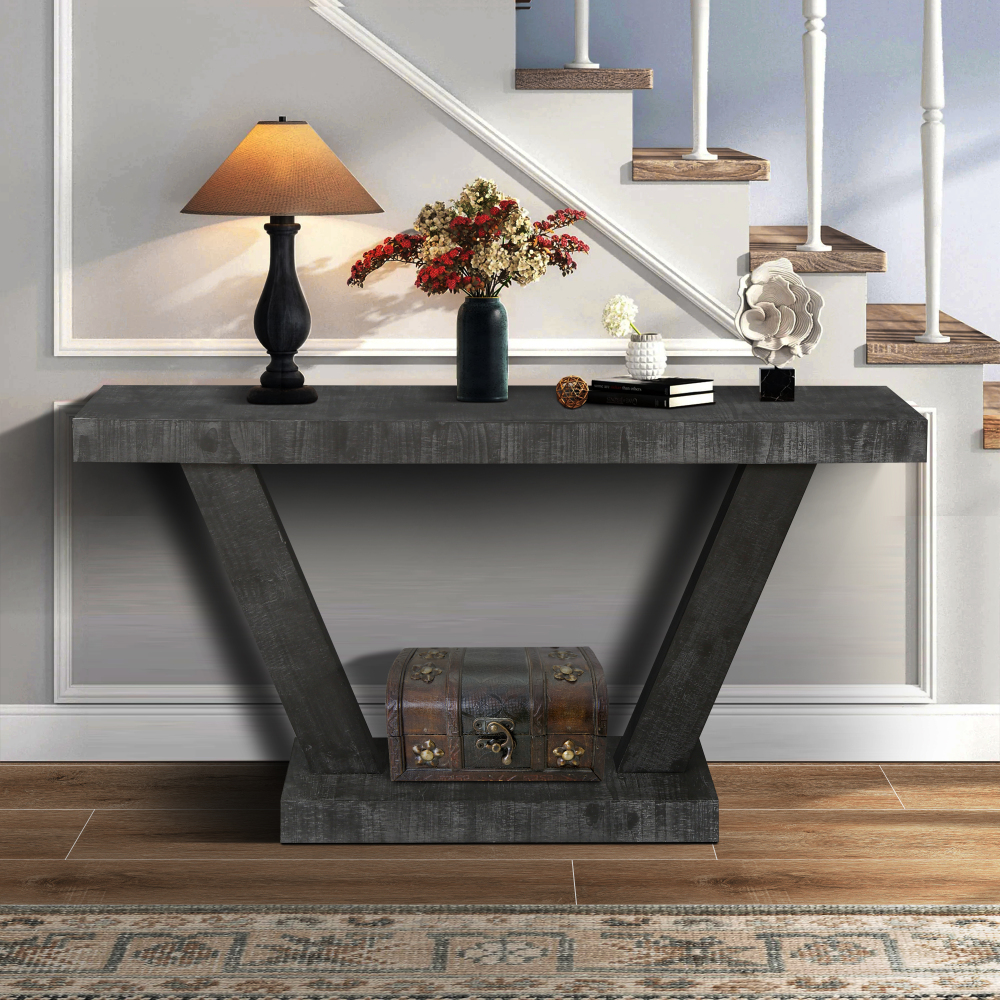 60" Rustic Farmhouse Console Table with Open Storage Shelf - Antique Black Distressed Wood Sofa Table for Entryway & Living Room