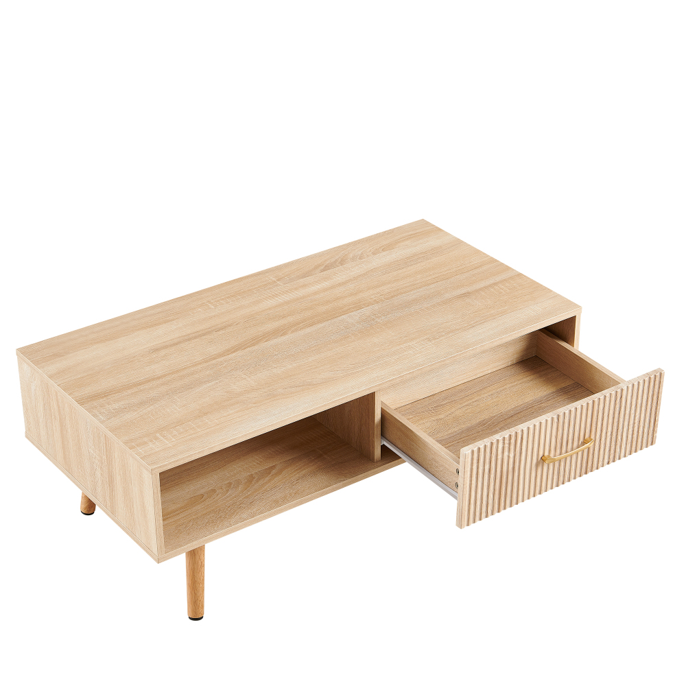 Modern Natural Wood Coffee Table with Sliding Storage Drawer & Solid Wood Legs for Living Room