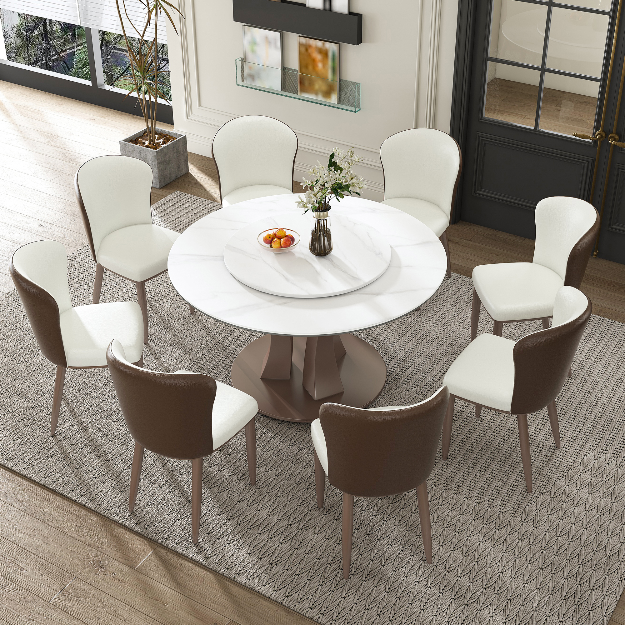 53" Round Sintered Stone Dining Table Set with Rotating Lazy Susan & 8 Modern Chairs - Luxury White Marble Kitchen Furniture