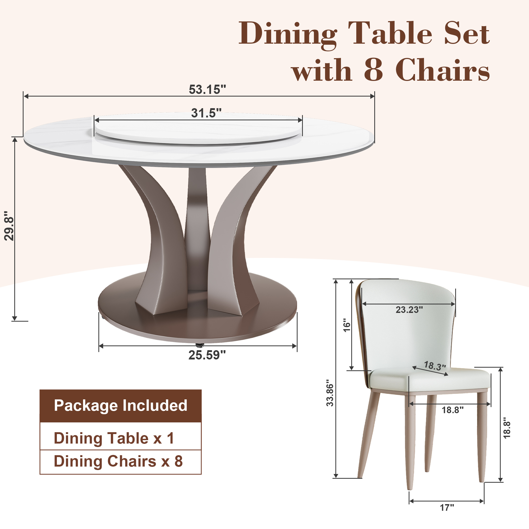 53" Round Sintered Stone Dining Table Set with Rotating Lazy Susan & 8 Modern Chairs - Luxury White Marble Kitchen Furniture