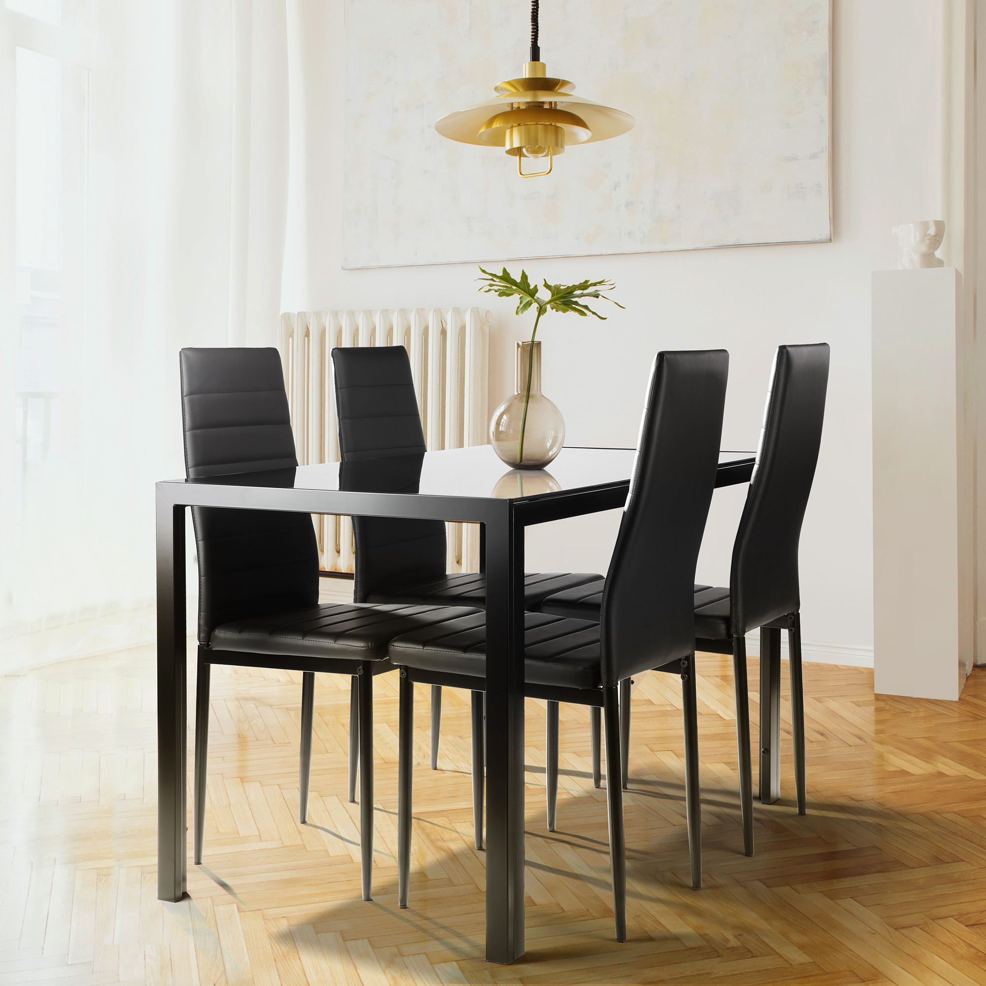 Modern 5-Piece Dining Table Set with Tempered Glass Top and 4 Black Faux Leather Chairs for Kitchen