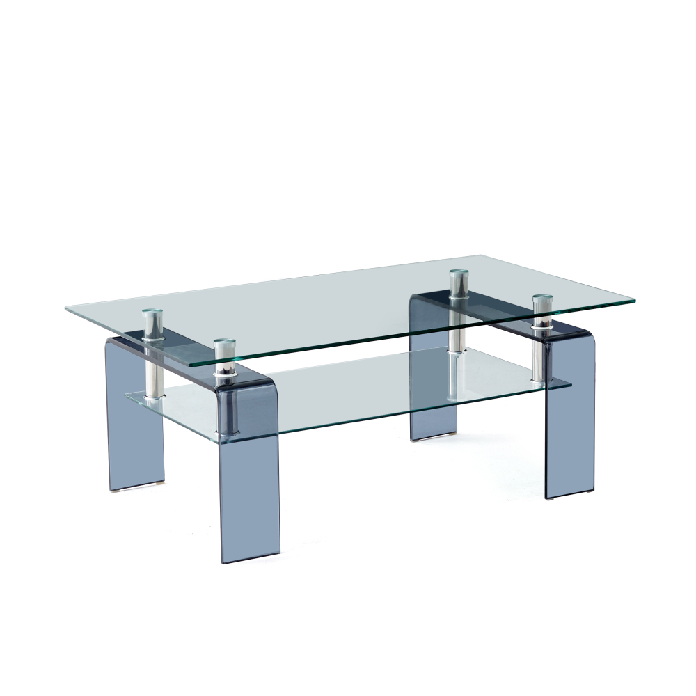 Modern Tempered Glass Coffee Table with Smoke Legs - Contemporary 2-Tier Rectangular Center Table for Living Room
