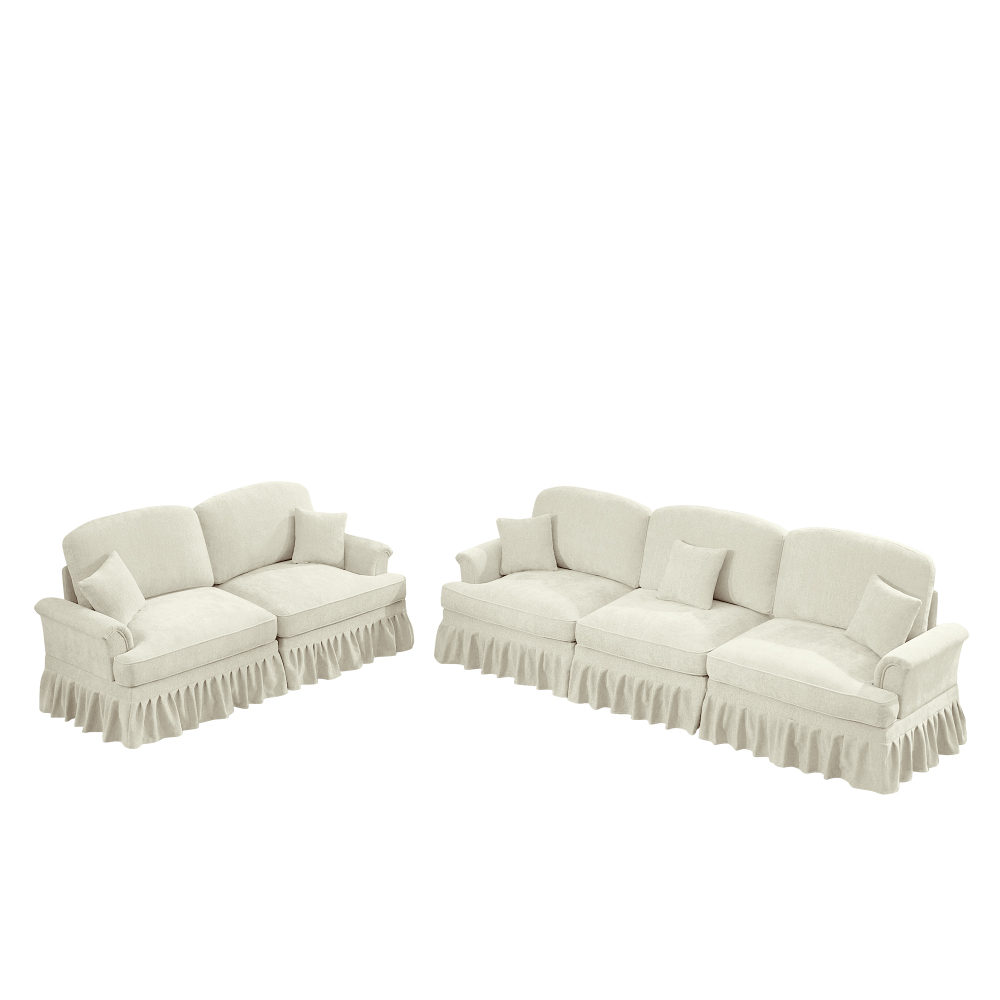Classic Chenille Modular Sofa Set with Removable Ruffle Skirts, Beige & White 2-Piece Living Room Couch Collection featuring Flared Arms and Spindle Legs