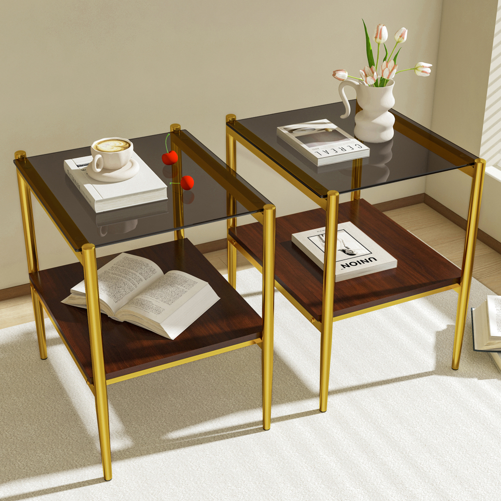 Set of 2 Modern Gold End Tables with Tempered Glass Top and Storage Shelf, Rectangle Side Tables for Living Room