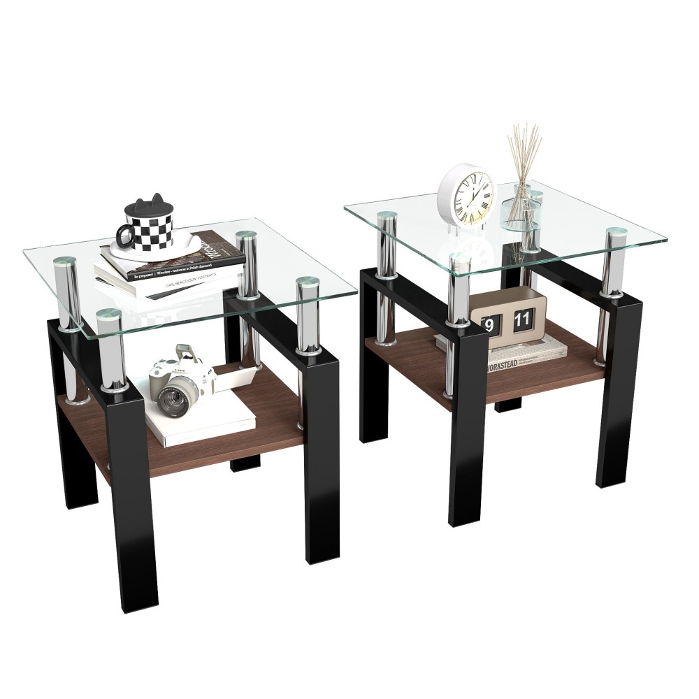 Set of 2 Modern Tempered Glass End Tables with Storage Shelf - Square Coffee Side Tables for Living Room