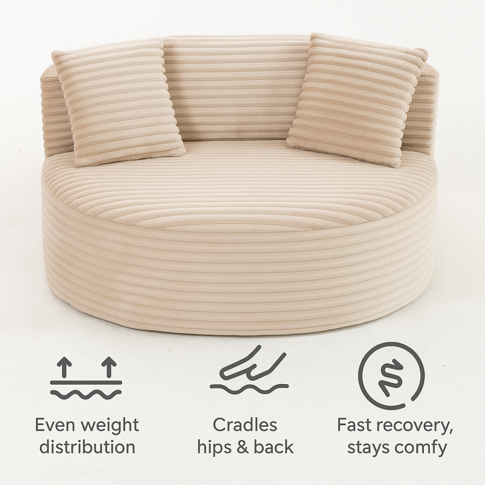 Modern Ribbed Corduroy Lounge Chair - Beige Compressed Round Sofa with Lumbar Pillows for Living Room & Bedroom