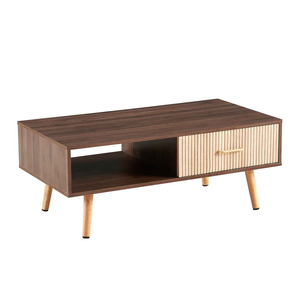 Mid-Century Modern Coffee Table with Sliding Storage Drawer, Walnut Finish Rectangular Living Room Accent Table with Solid Wood Legs