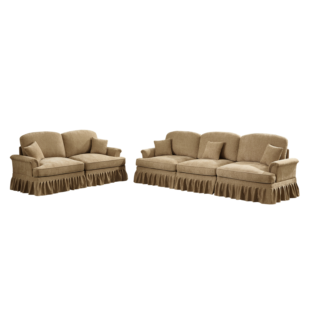 Classic 2-Piece Sofa Set with Removable Ruffle Skirts, Flared Arms & Spindle Legs - 3-Seater Couch and Loveseat for Living Room, Light Coffee Chenille