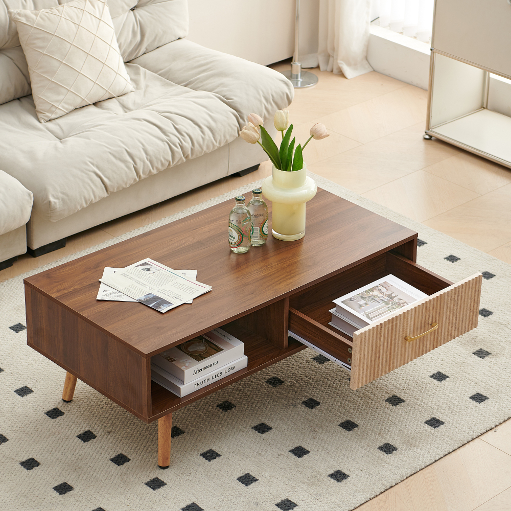 Mid-Century Modern Coffee Table with Sliding Storage Drawer, Walnut Finish Rectangular Living Room Accent Table with Solid Wood Legs