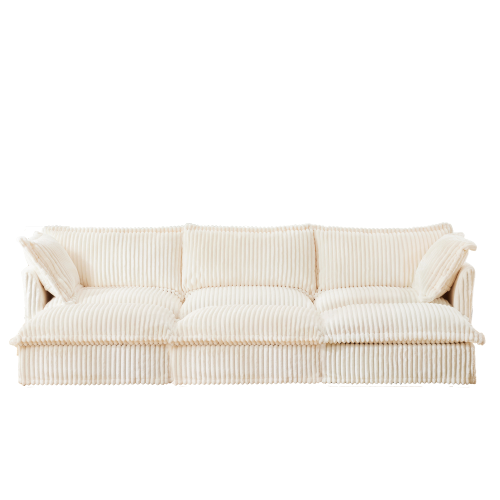 Oversized Corduroy Modular Sofa with 3 Ottomans, Cream Slipcovered 3-Seater Cloud Couch for Living Room
