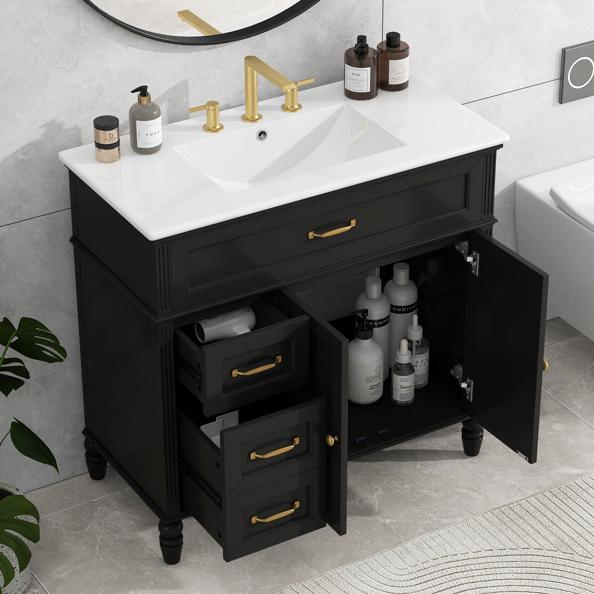 36" Black Bathroom Vanity with Ceramic Sink Top, Vintage Freestanding Cabinet with Soft-Close Drawers & Storage