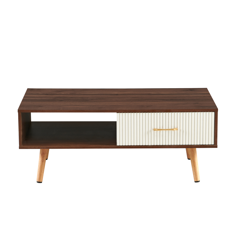 Mid-Century Modern Coffee Table with Sliding Drawer & Open Shelf Storage, Walnut Finish Rectangle Living Room Center Table with Solid Wood Legs
