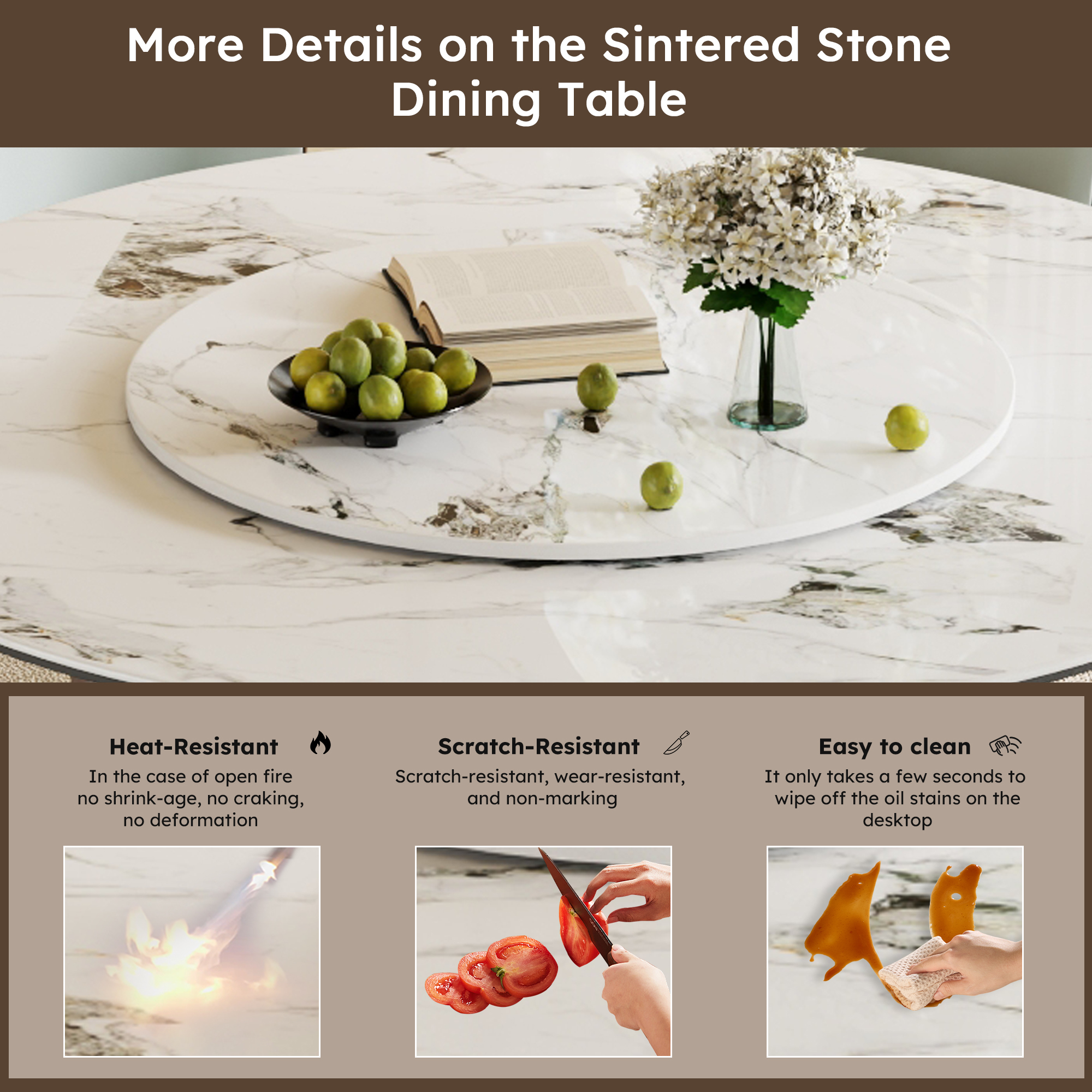 59" Round Dining Table Set with Rotating Lazy Susan - Modern Sintered Stone Top & Industrial Base for 8-10 People