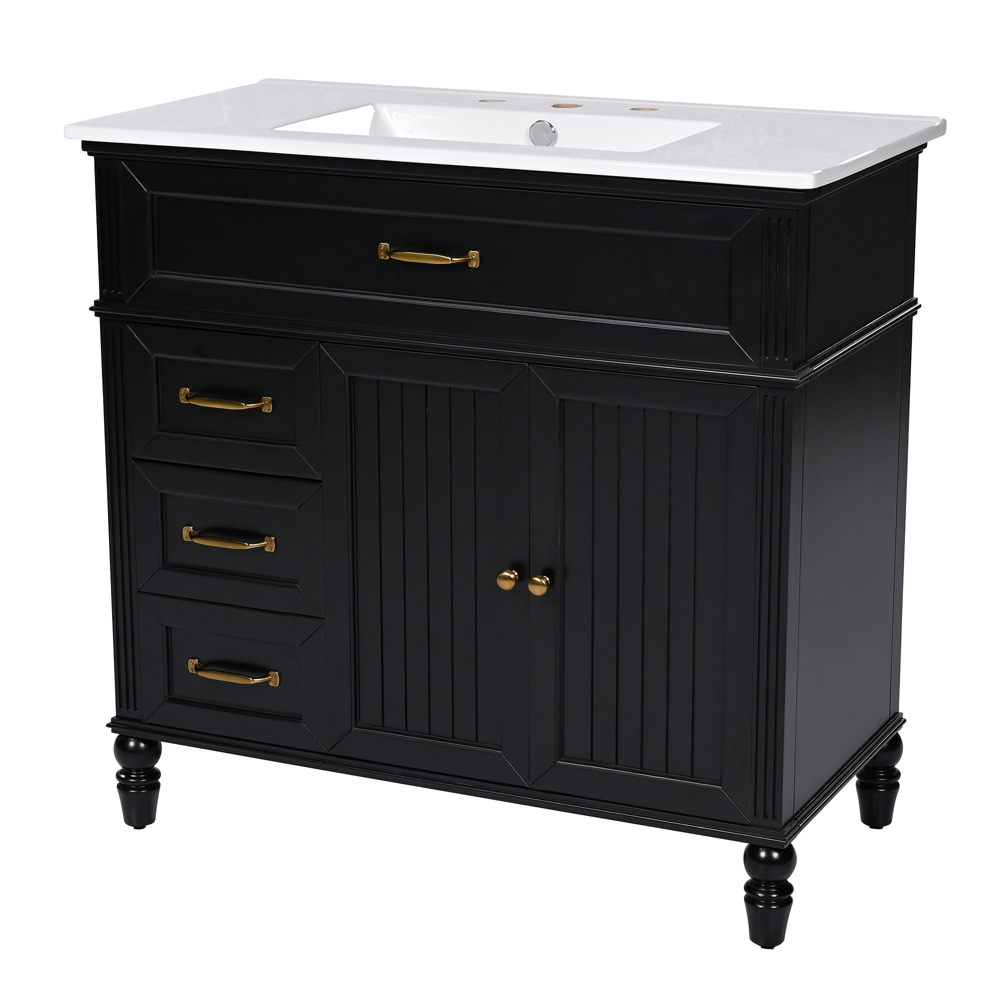 36" Black Bathroom Vanity with Ceramic Sink Top, Vintage Freestanding Cabinet with Soft-Close Drawers & Storage