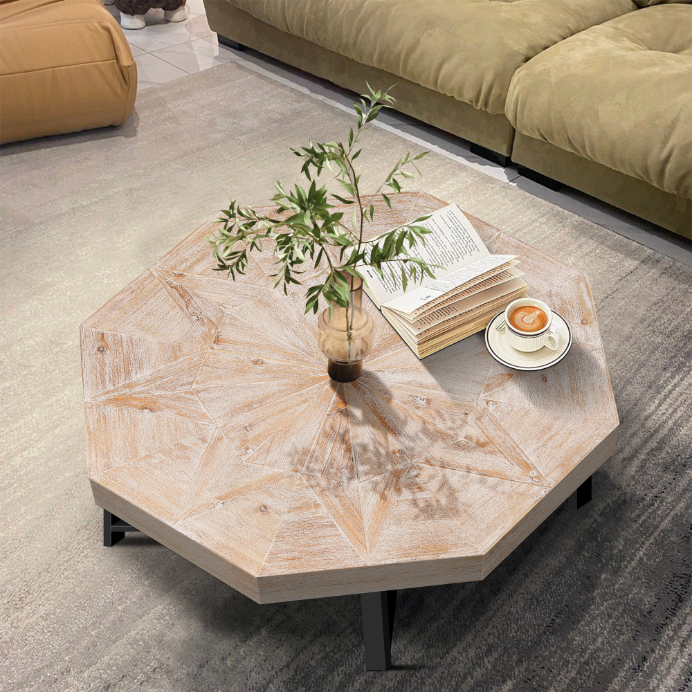 Vintage Octagonal Coffee Table with Patchwork Wood Top & Cross Metal Legs - Rustic Farmhouse Accent Table for Living Room