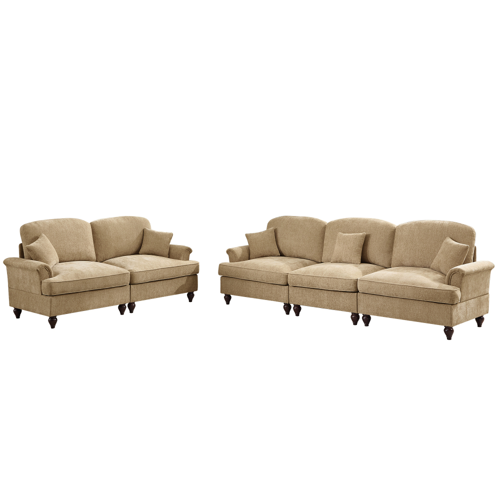 Classic 2-Piece Sofa Set with Removable Ruffle Skirts, Flared Arms & Spindle Legs - 3-Seater Couch and Loveseat for Living Room, Light Coffee Chenille