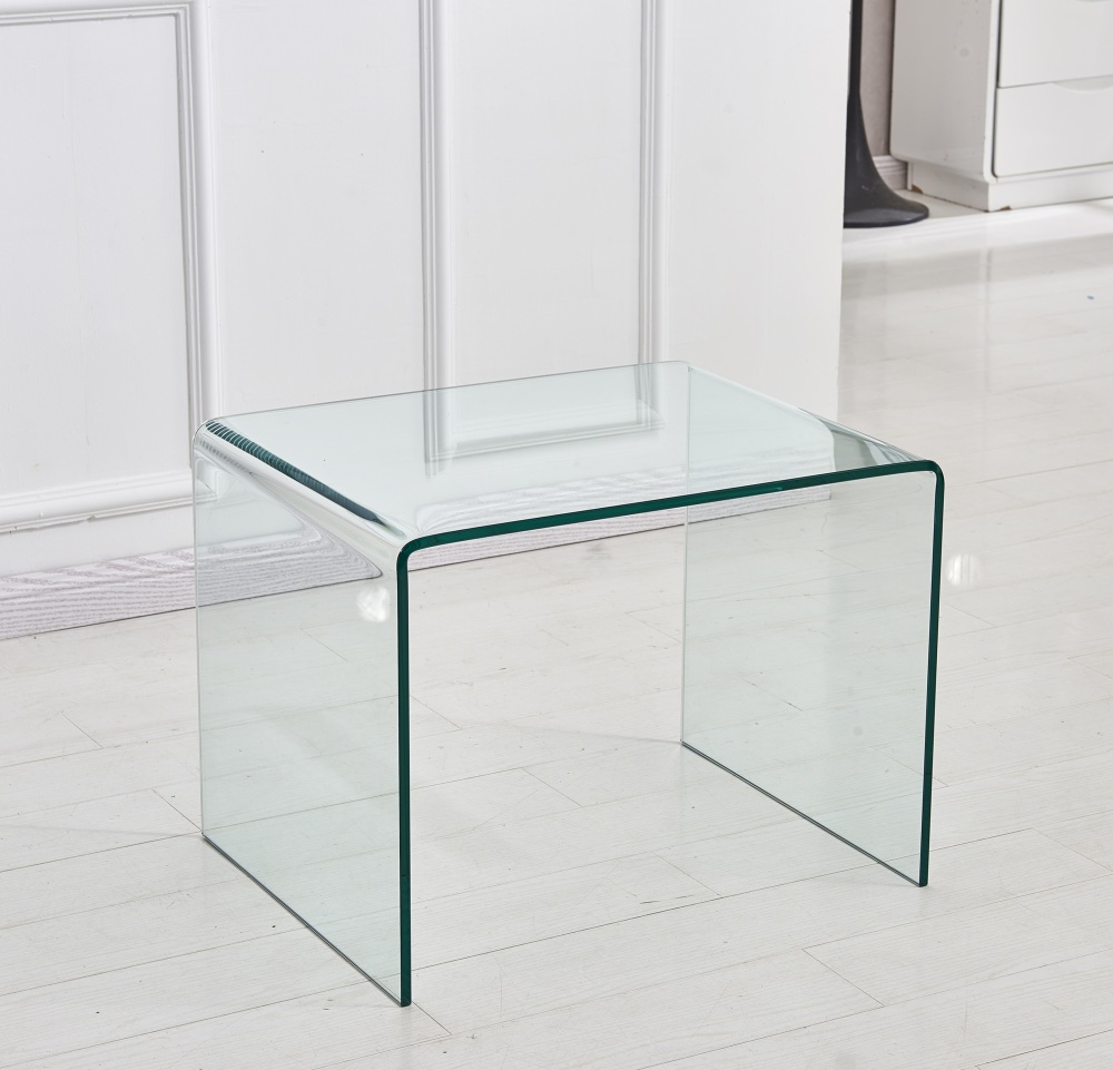 Modern Tempered Glass Bent End Table - Clear C-Shaped Side Table for Living Room & Sofa