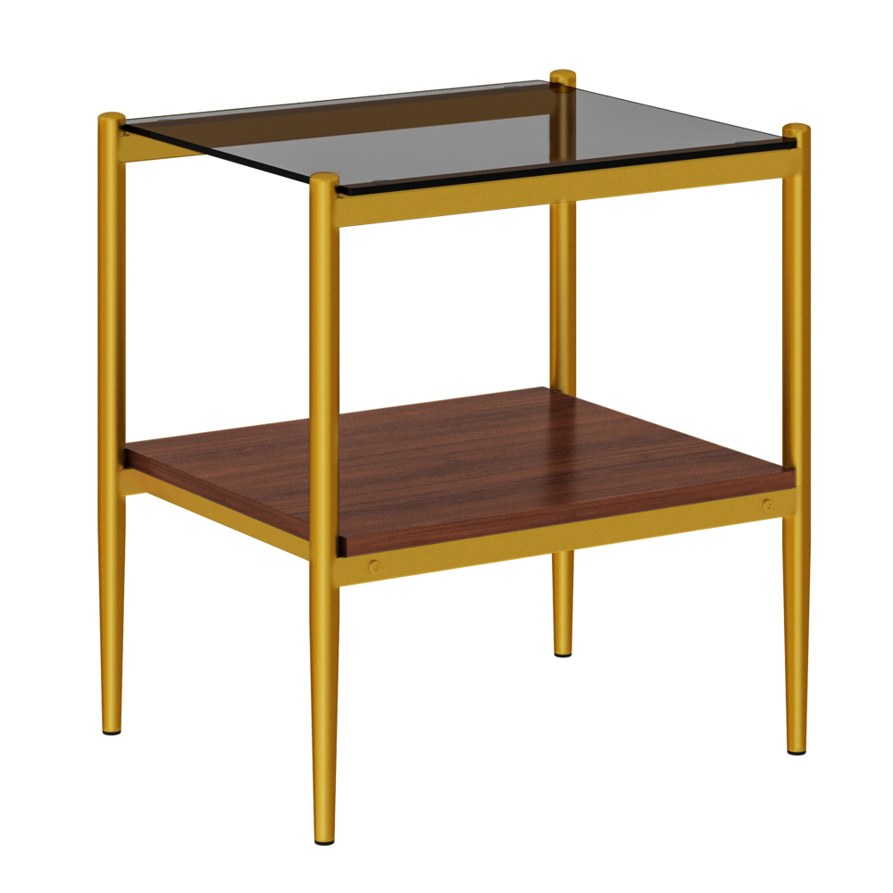Set of 2 Modern Gold End Tables with Tempered Glass Top and Storage Shelf, Rectangle Side Tables for Living Room