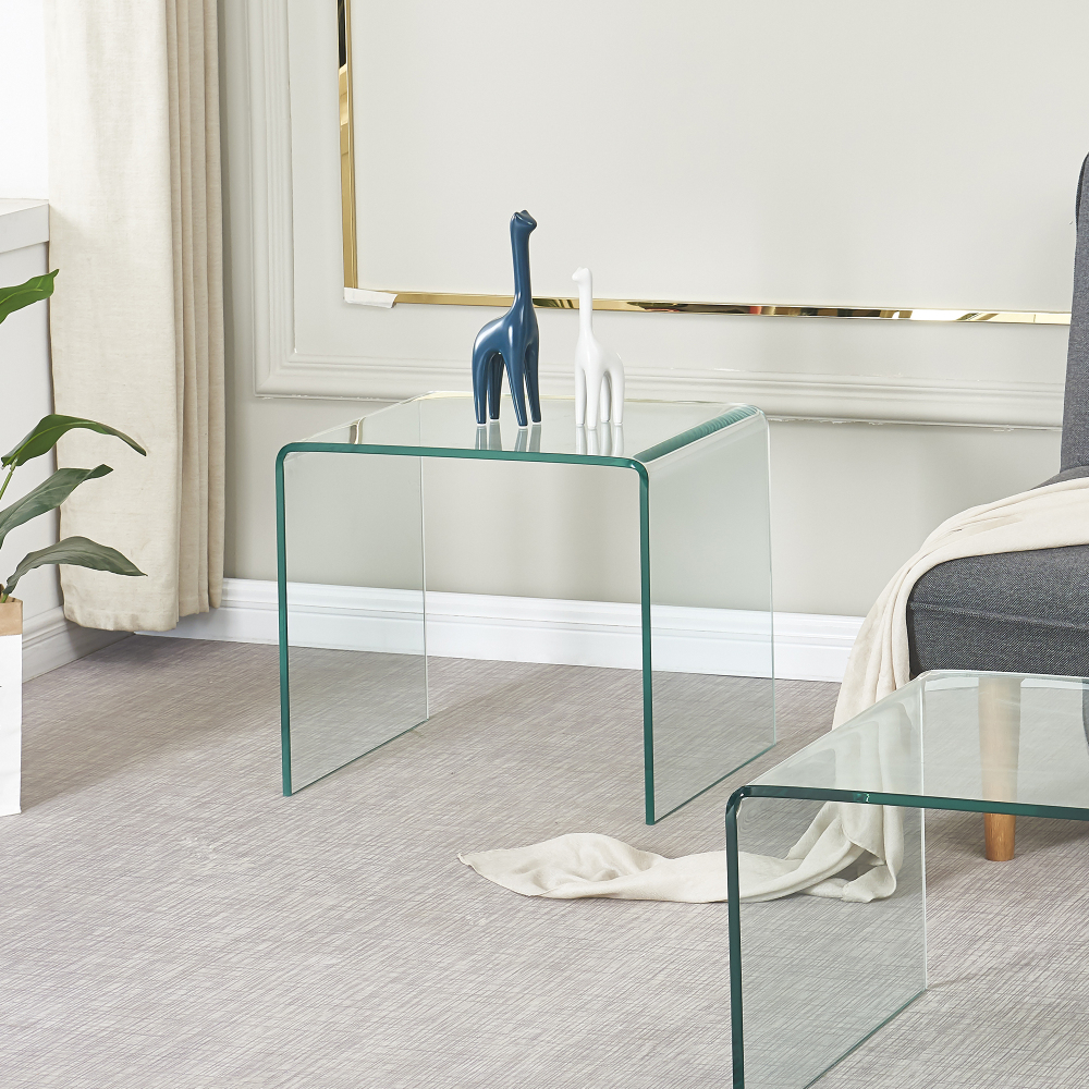 Tempered Clear Bent Glass Side Table - Modern Transparent End Table for Living Room, Sofa, or Office