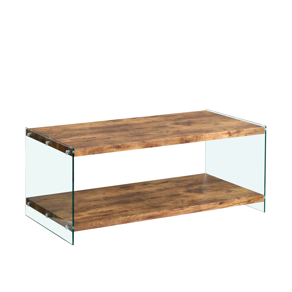 Modern Two-Tier Coffee Table with Tempered Glass Legs and Walnut Wood Top, Stylish Living Room Center Table