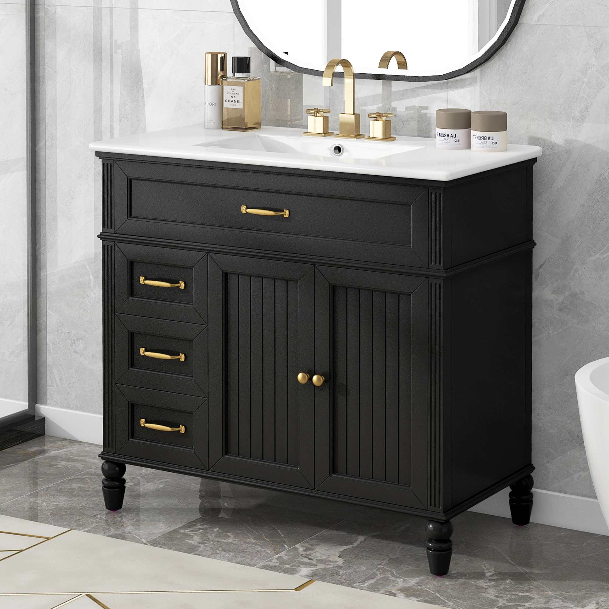 36" Black Bathroom Vanity with Ceramic Sink Top, Vintage Freestanding Cabinet with Soft-Close Drawers & Storage