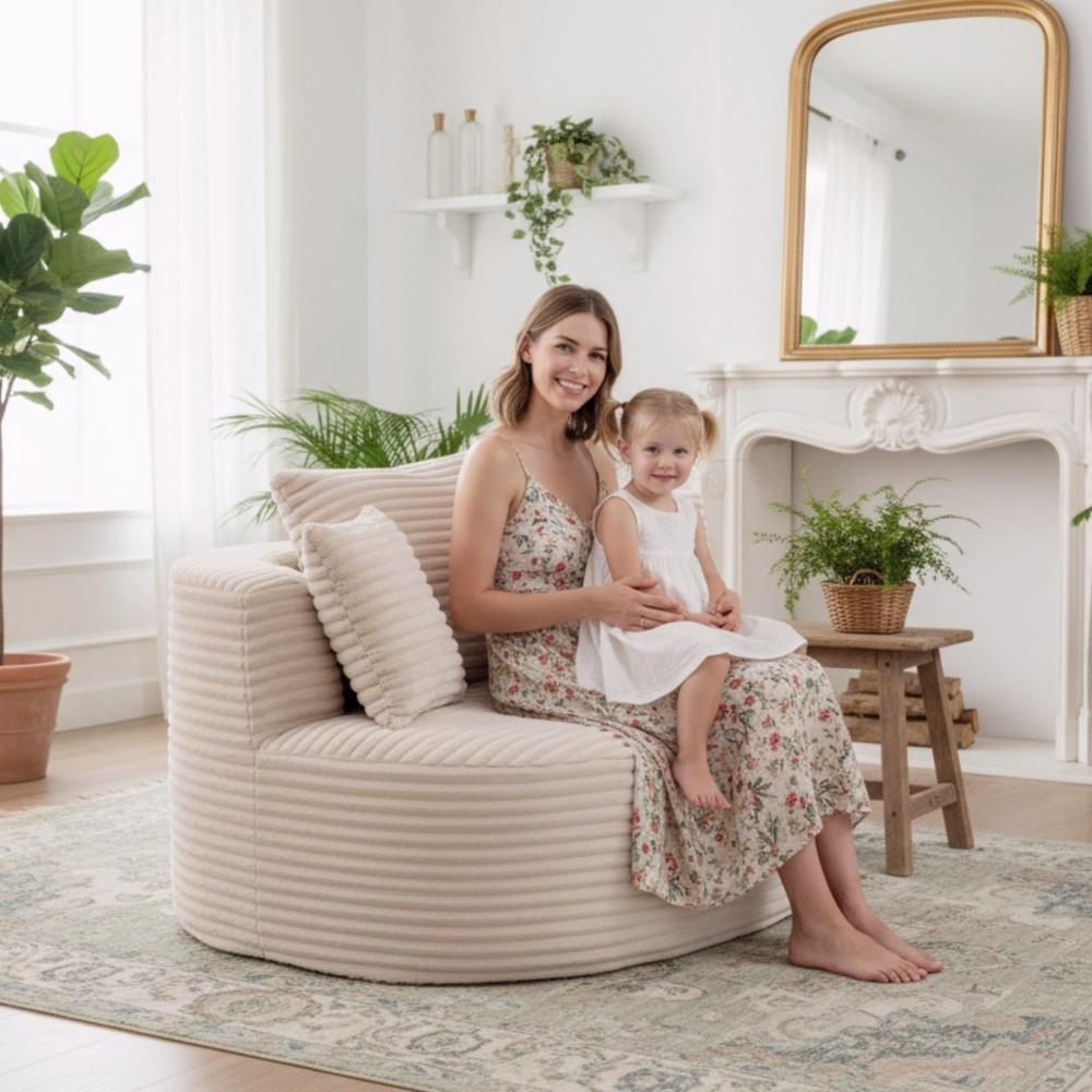 Modern Ribbed Corduroy Lounge Chair - Beige Compressed Round Sofa with Lumbar Pillows for Living Room & Bedroom