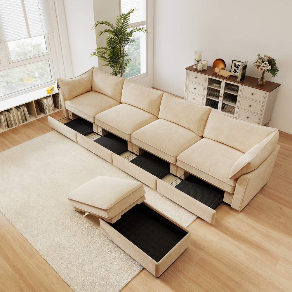 L-Shaped Modular Sofa with Hidden Storage Drawers, Chenille Fabric Sectional Couch for Living Room