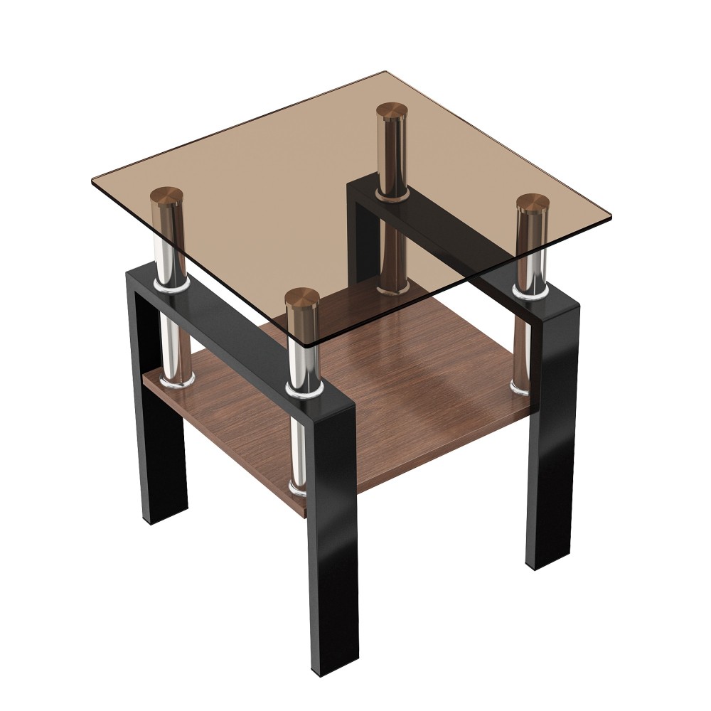 Set of 2 Modern Tempered Glass End Tables - Square Side Tables with MDF Shelf & Metal Legs for Living Room