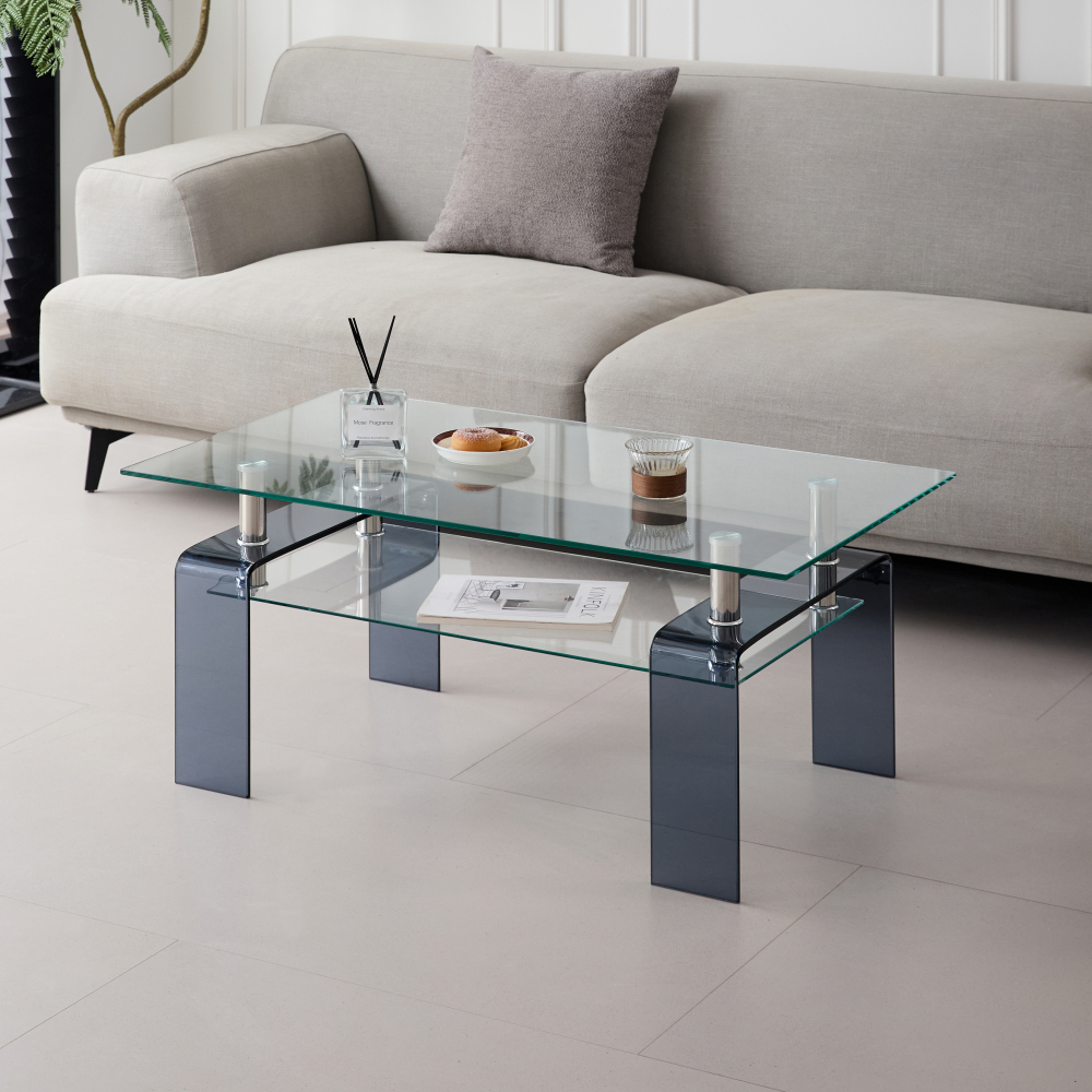 Modern Tempered Glass Coffee Table with Smoke Legs - Contemporary 2-Tier Rectangular Center Table for Living Room